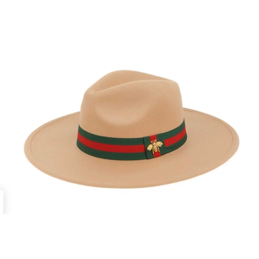 Beige Wool Felt Fedora Hat with Green & Red Band